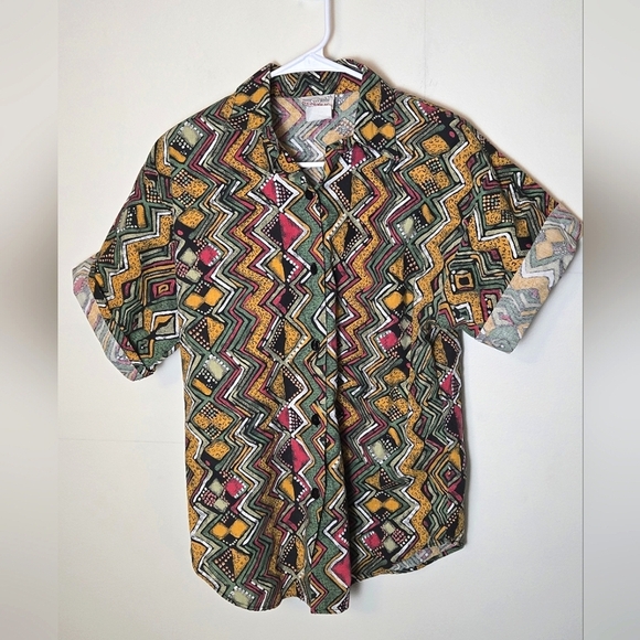 Vintage Women's Denim Republic 90's Geometric Button Up, Size Large - Picture 1 of 5